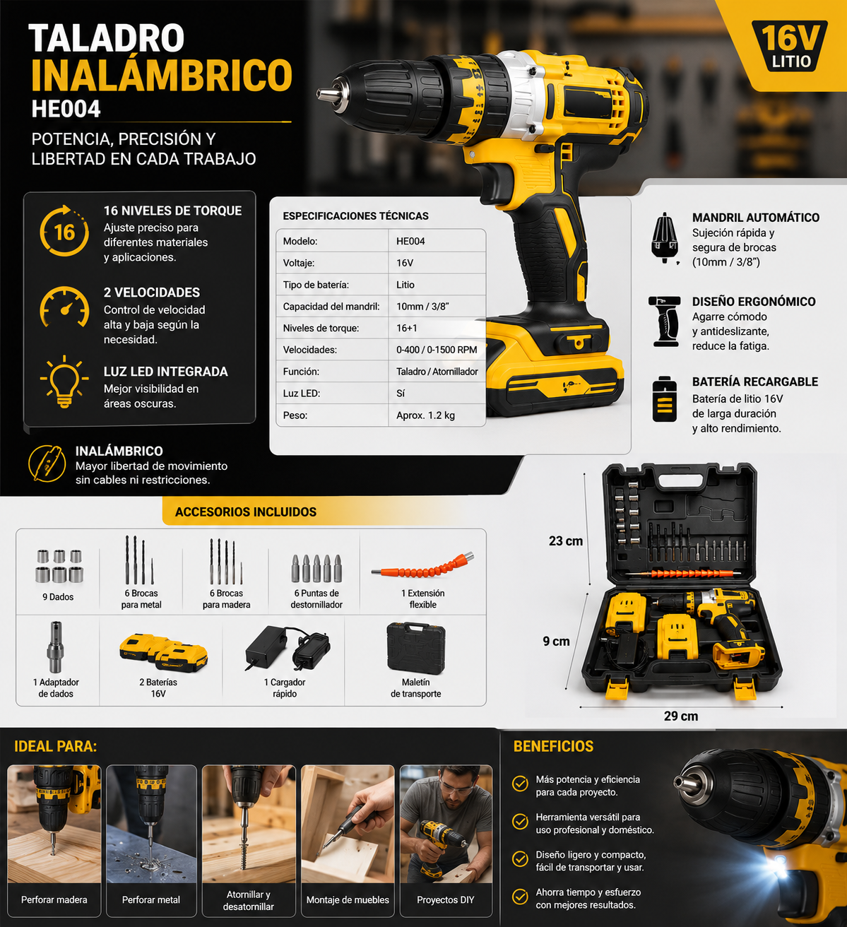 🔧 Taladro Inalámbrico + Kit Completo de Herramientas