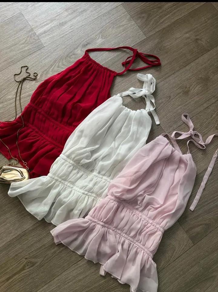 Tops halter de gasa en rojo, blanco y rosado